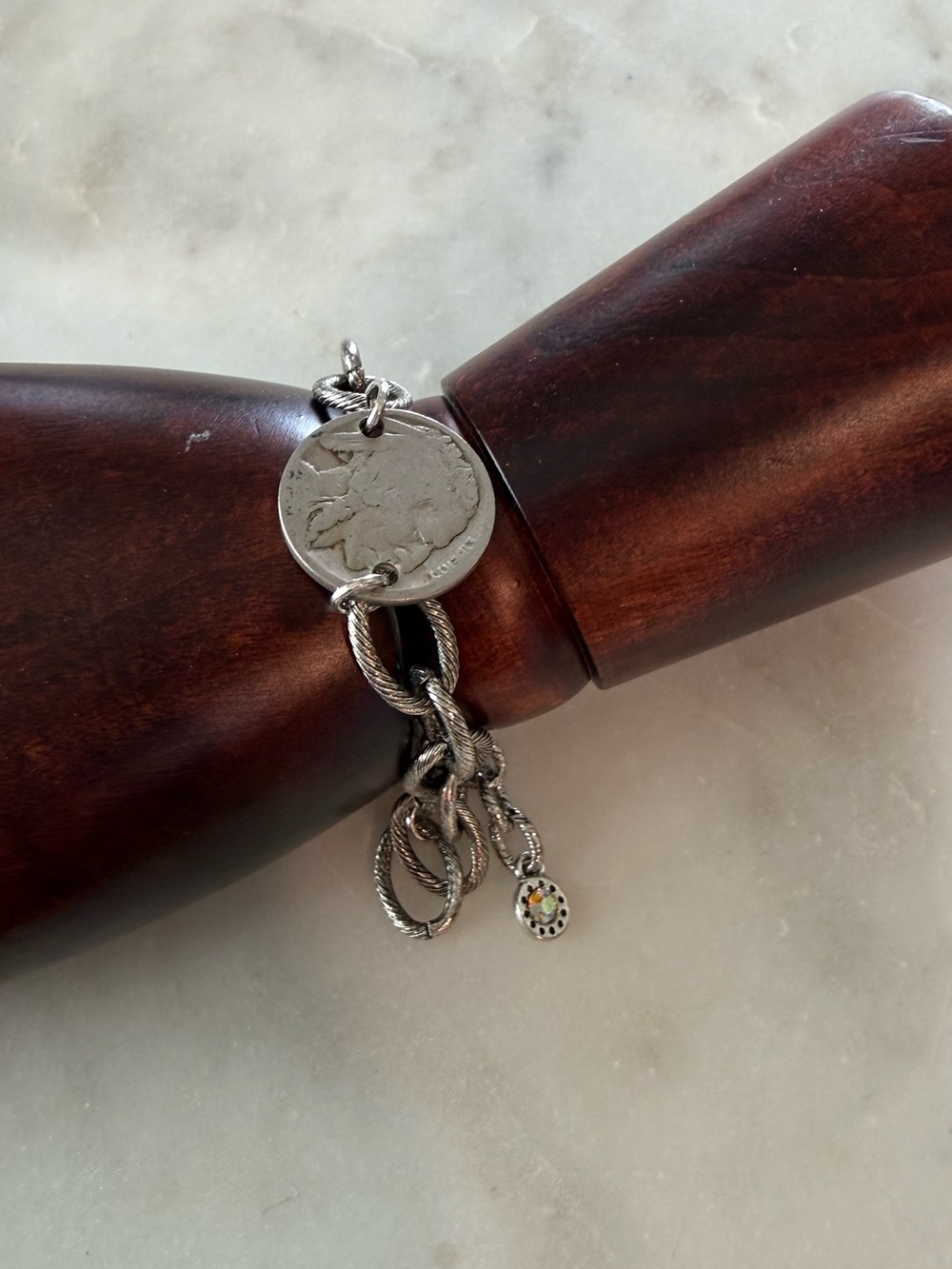 Silver Coin Charm Bracelet with Textured Links New